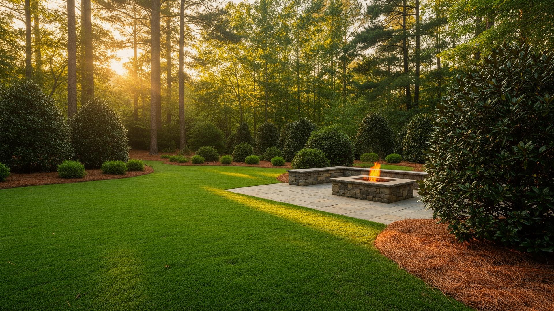 Pristine landscaped backyard at sunset