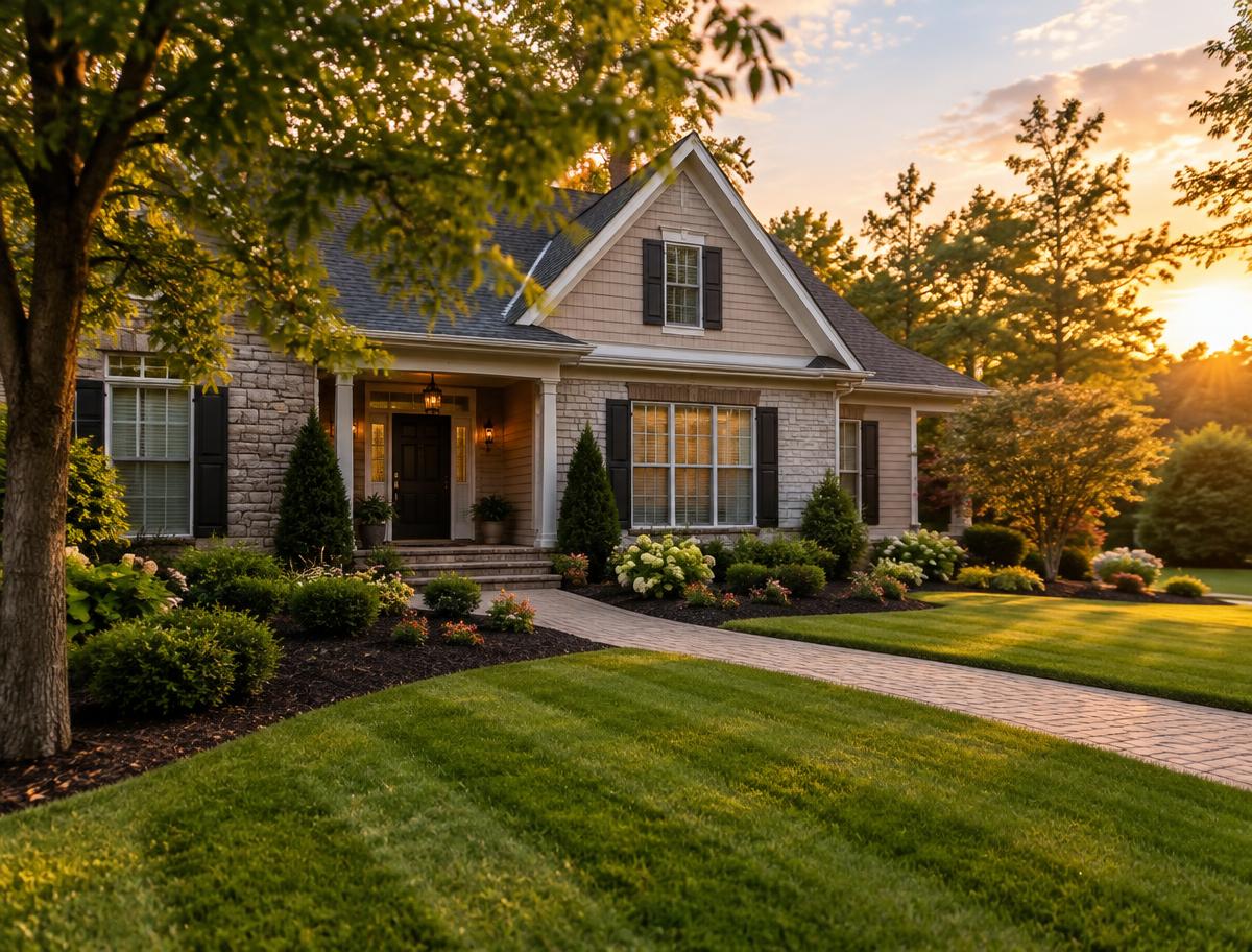 Manicured suburban front yard with a striped lawn, freshly mulched beds, trimmed shrubs, and a paver walkway in warm evening light